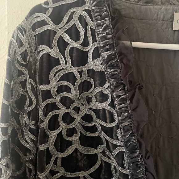 VTG CHICO Grey Metallic floral JACKET Blazer Bohemian Ruffle Artisan Sz 2 - Picture 5 of 11